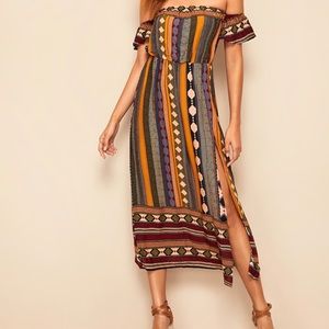 Off Shoulder Tribal Print Split Dress